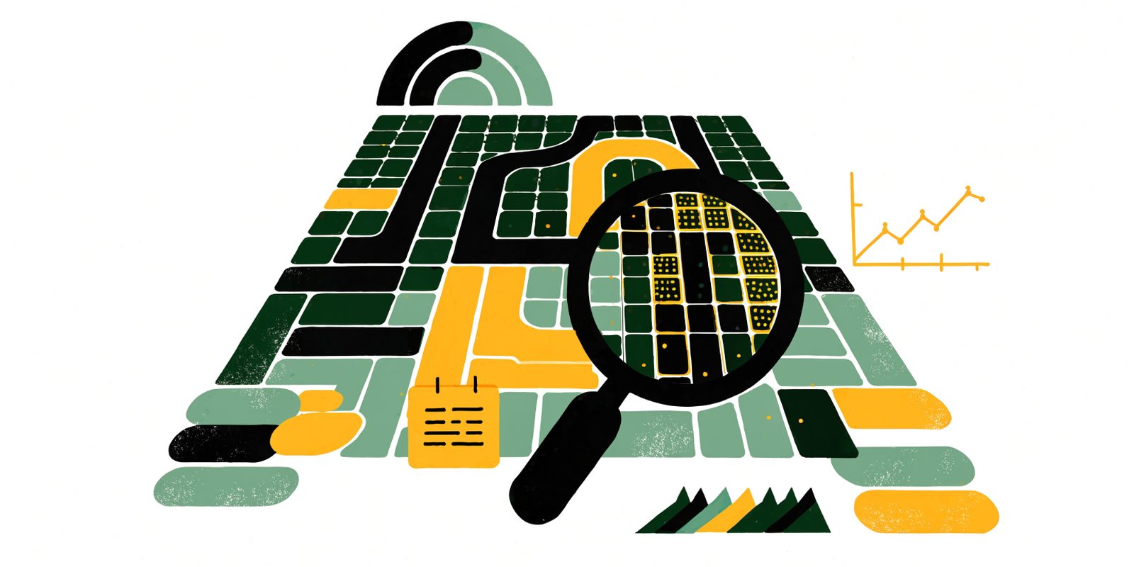 Illustration: a grid of points over a city map under a magnifying glass